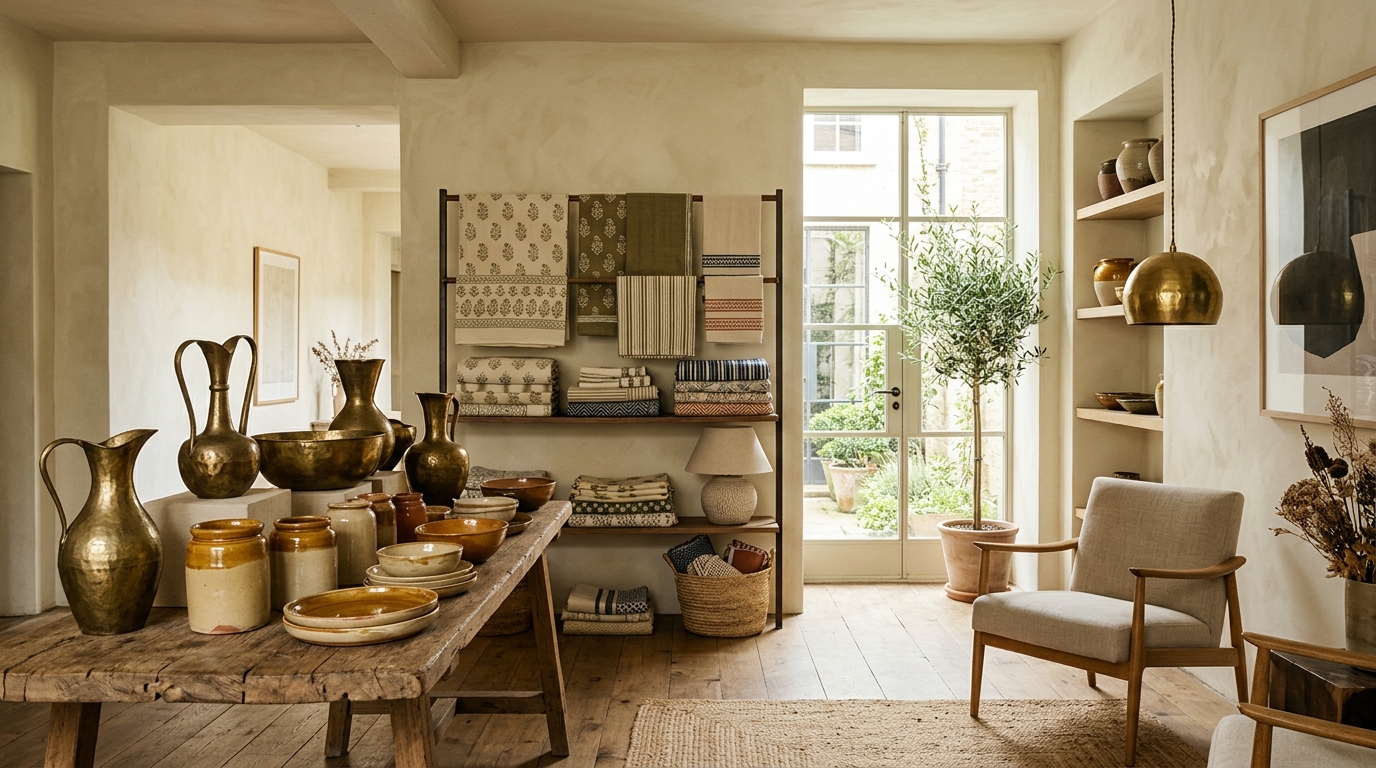 Artisan showroom textiles and brassware